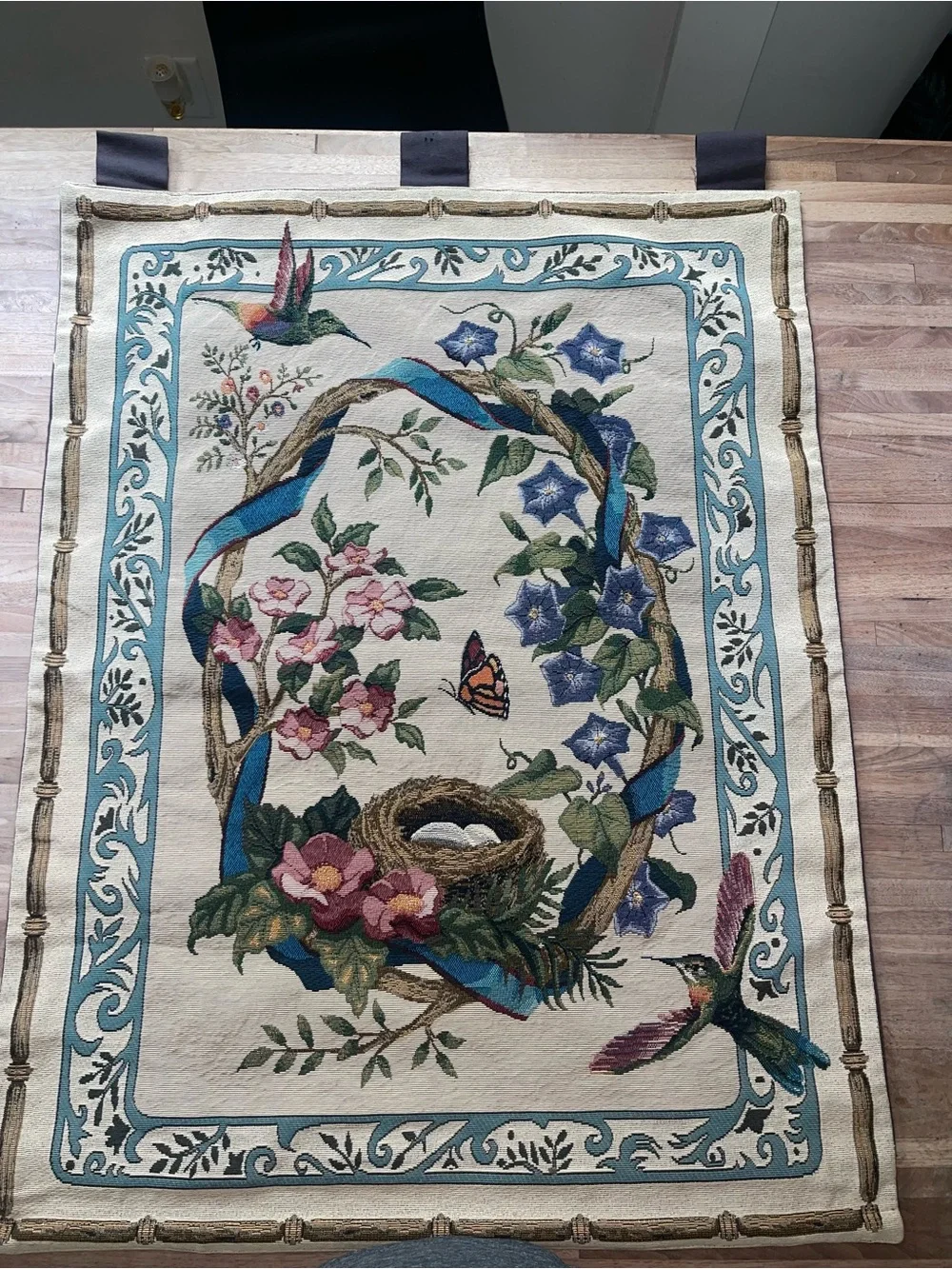 Hummingbird & Floral Wreath Tapestry Wall Hanging in Blue and Cream